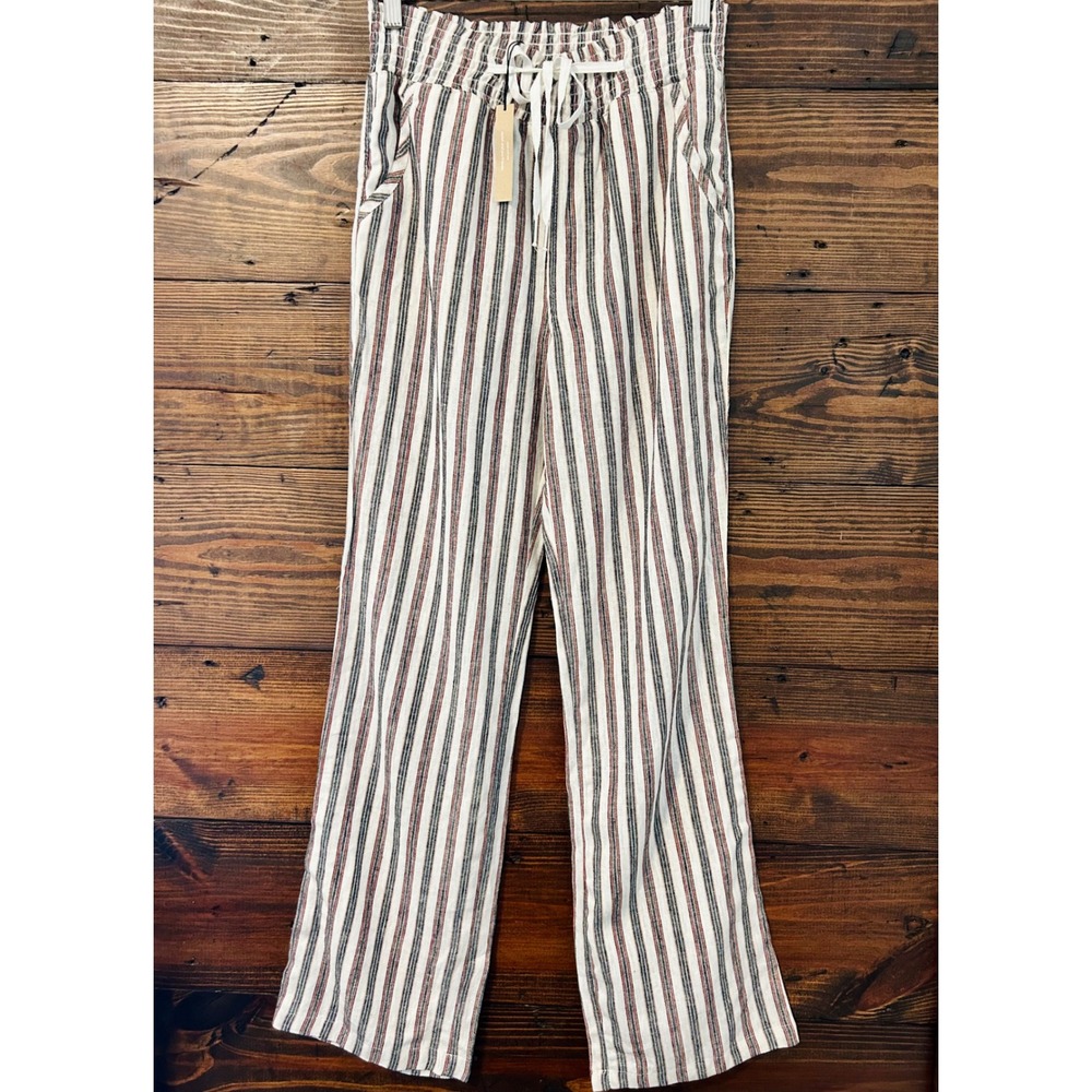 Love Tree Striped Linen Blend Pants Women S Navy Rust Smocked Wide Leg Boho Chic